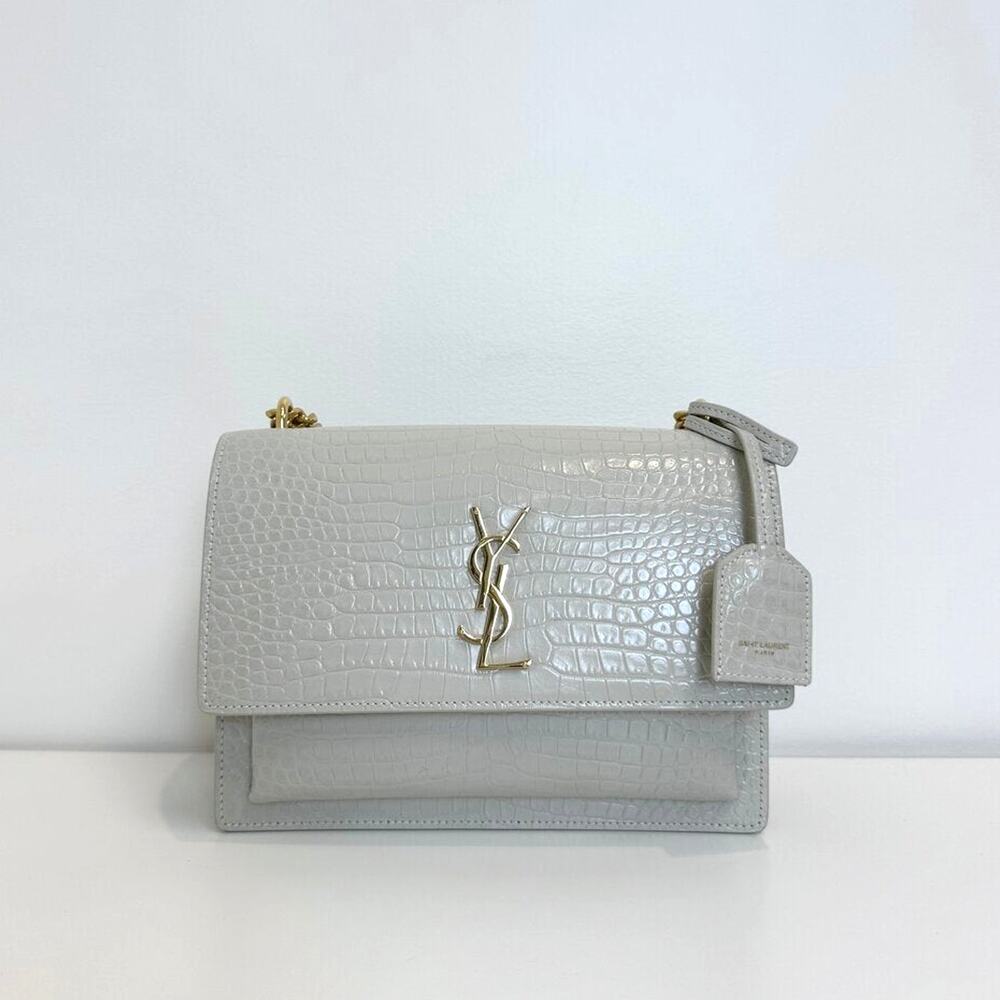 SAINT LAURENT Cream Crocodile Gold YSL Medium Sunset Crossbody Shoulder Bag